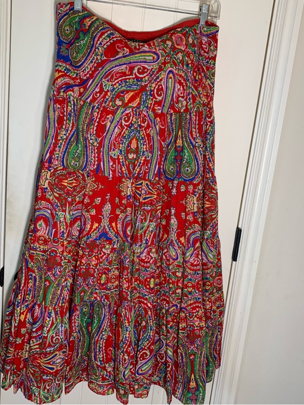 Ralph Lauren LRL Vintage Red Multicolor Paisley Tiered Maxi Skirt